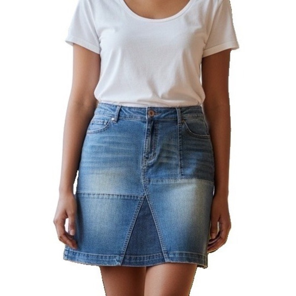 INC Denim Mini Skirt Womens 14 Blue Patchwork‎ Regular Fit Stretch Casual Preppy